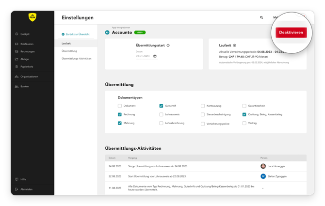 App Integrationen Eintrag History Übermittlung Helpcenter Copy